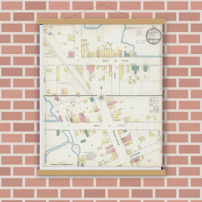 Old map wall art mockup — magnetic wood frame on brick wall — Sanborn Fire Insurance Map from Brighton, Livingston County, Michigan (1893), Sheet #0001