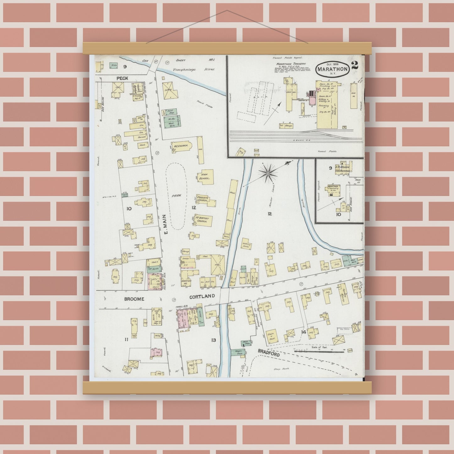 Old map wall art mockup — magnetic wood frame on brick wall — Sanborn Fire Insurance Map from Marathon, Cortland County, New York (1888), Sheet #0002