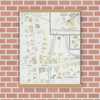 Old map wall art mockup — magnetic wood frame on brick wall — Sanborn Fire Insurance Map from Marathon, Cortland County, New York (1888), Sheet #0002