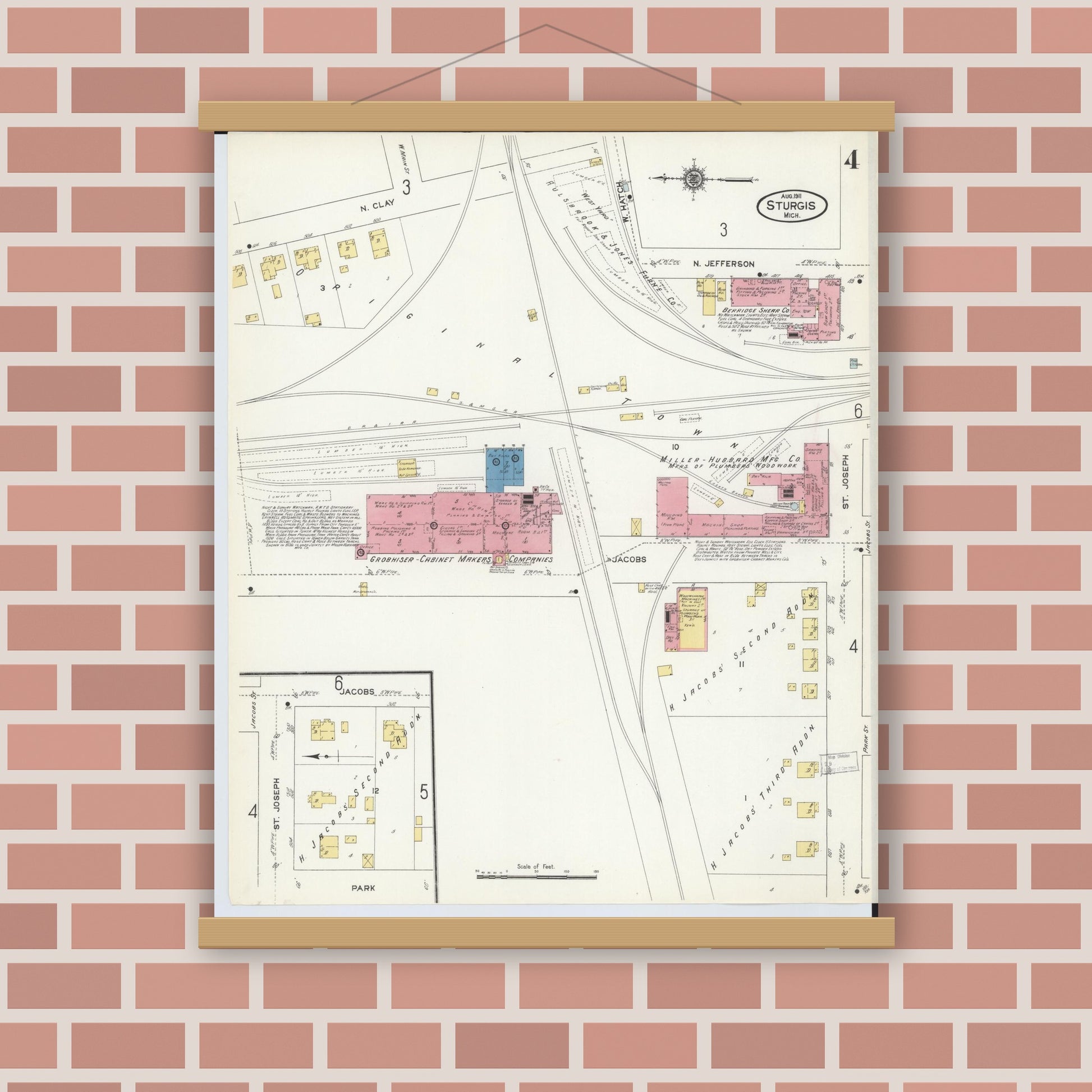 Old map wall art mockup — magnetic wood frame on brick wall — Sanborn Fire Insurance Map from Sturgis, Saint Joseph County, Michigan (1911), Sheet #0004