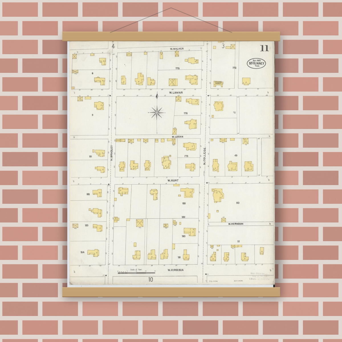 Old map wall art mockup — magnetic wood frame on brick wall — Sanborn Fire Insurance Map from McKinney, Collin County, Texas (1902), Sheet #0011