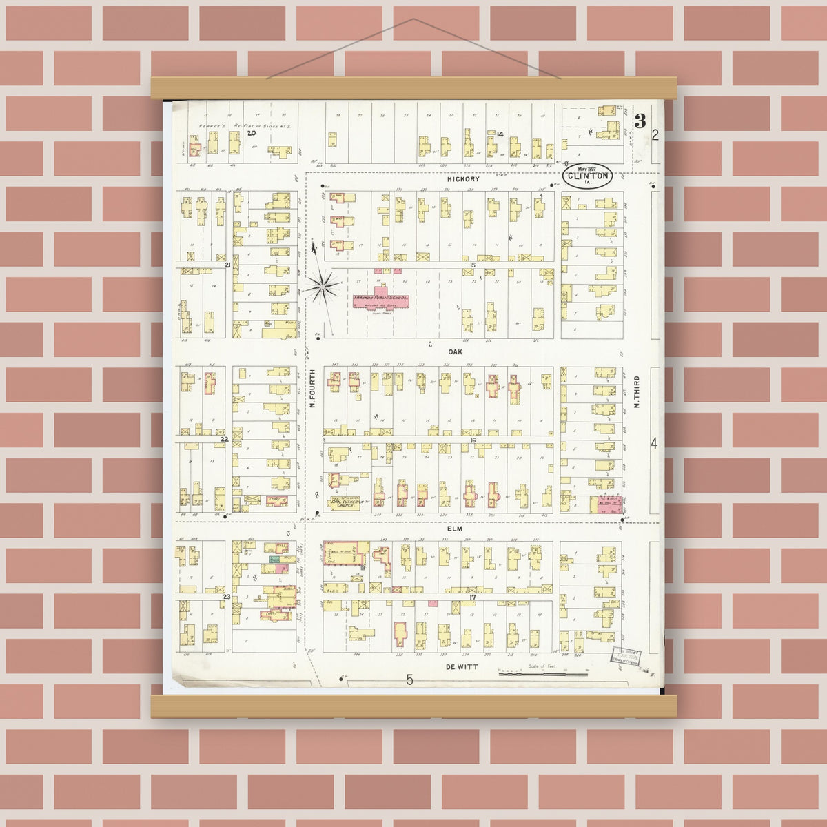 Old map wall art mockup — magnetic wood frame on brick wall — Sanborn Fire Insurance Map from Clinton, Clinton County, Iowa (1897), Sheet #0003