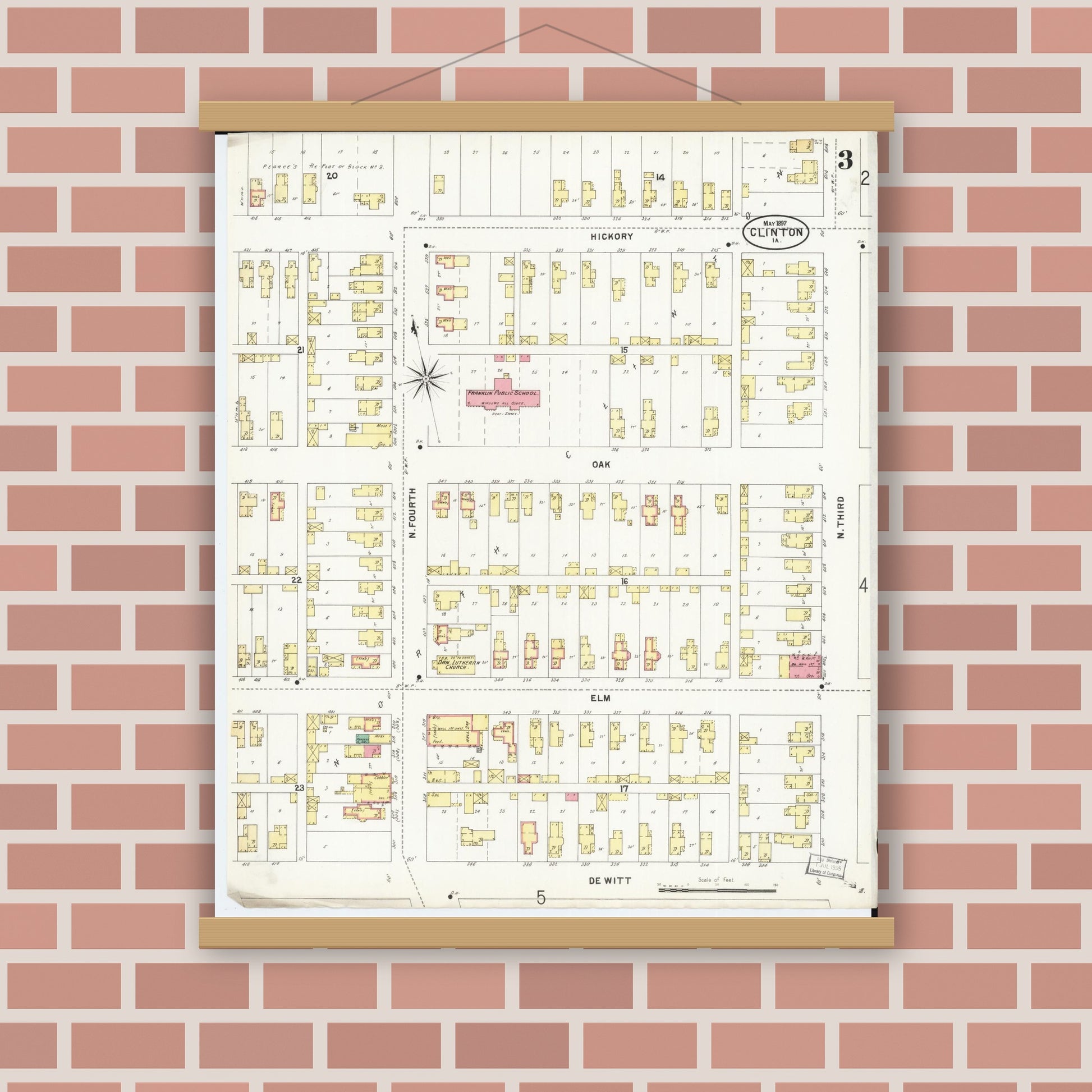 Old map wall art mockup — magnetic wood frame on brick wall — Sanborn Fire Insurance Map from Clinton, Clinton County, Iowa (1897), Sheet #0003