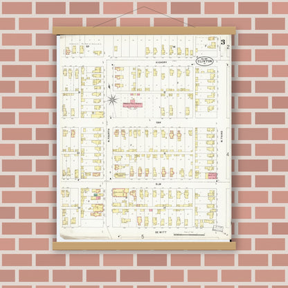 Old map wall art mockup — magnetic wood frame on brick wall — Sanborn Fire Insurance Map from Clinton, Clinton County, Iowa (1897), Sheet #0003
