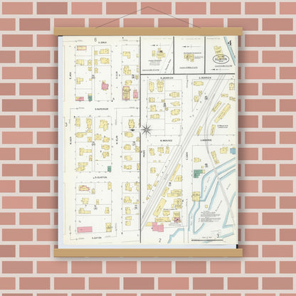 Old map wall art mockup — magnetic wood frame on brick wall — Sanborn Fire Insurance Map from Albion, Calhoun County, Michigan (1907), Sheet #0004
