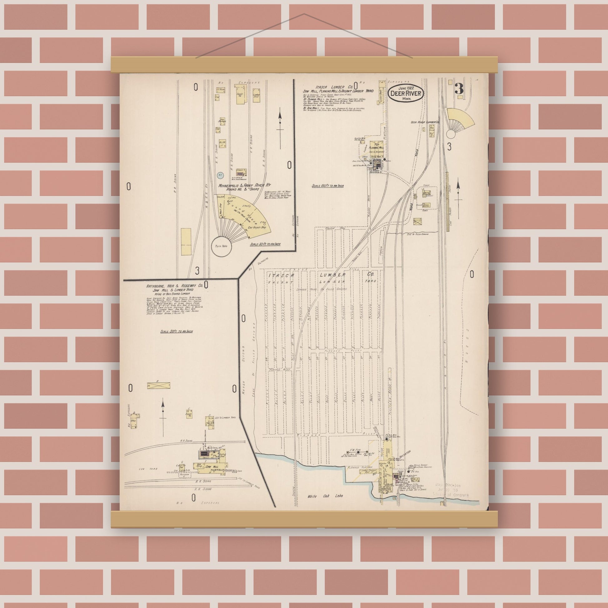 Old map wall art mockup — magnetic wood frame on brick wall — Sanborn Fire Insurance Map from Deer River, Itasca County, Minnesota (1922), Sheet #0003