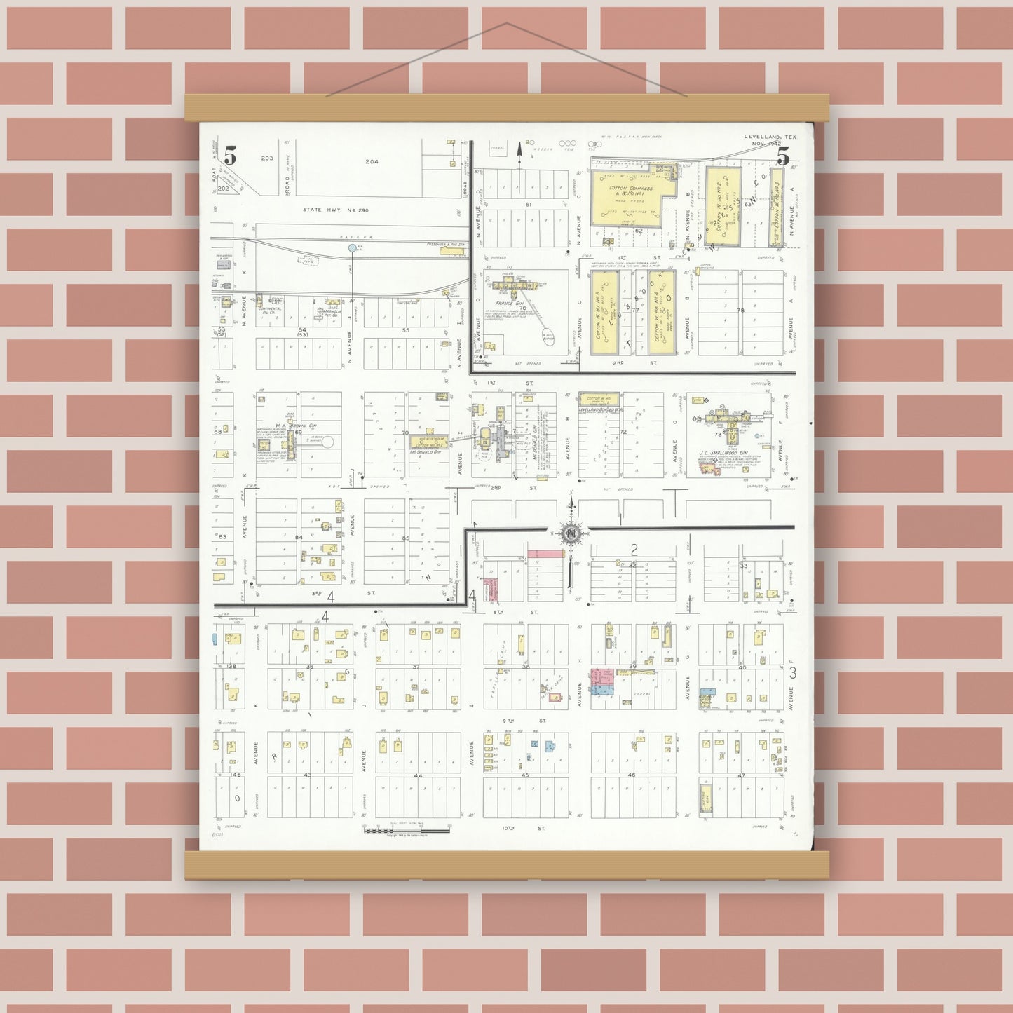 Old map wall art mockup — magnetic wood frame on brick wall — Sanborn Fire Insurance Map from Levelland, Hockley County, Texas (1942), Sheet #0005