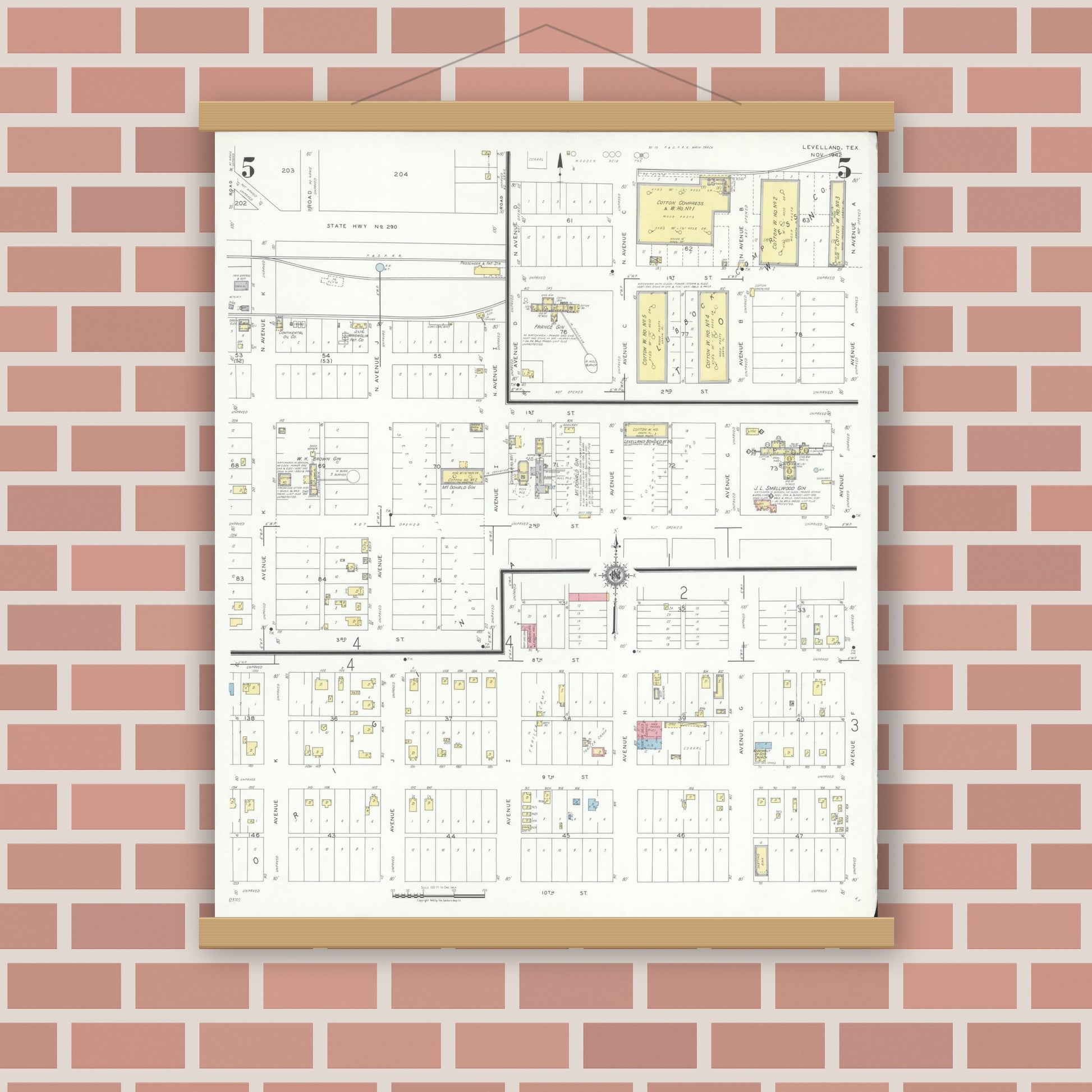 Old map wall art mockup — magnetic wood frame on brick wall — Sanborn Fire Insurance Map from Levelland, Hockley County, Texas (1942), Sheet #0005