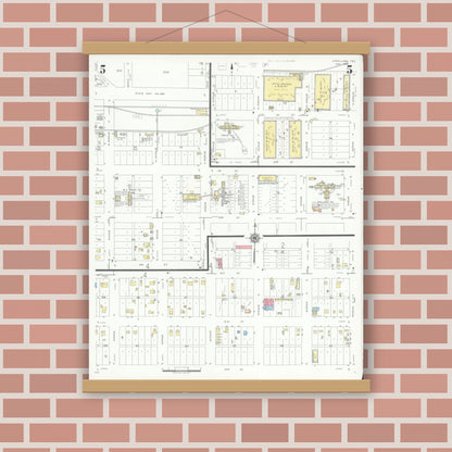 Old map wall art mockup — magnetic wood frame on brick wall — Sanborn Fire Insurance Map from Levelland, Hockley County, Texas (1942), Sheet #0005