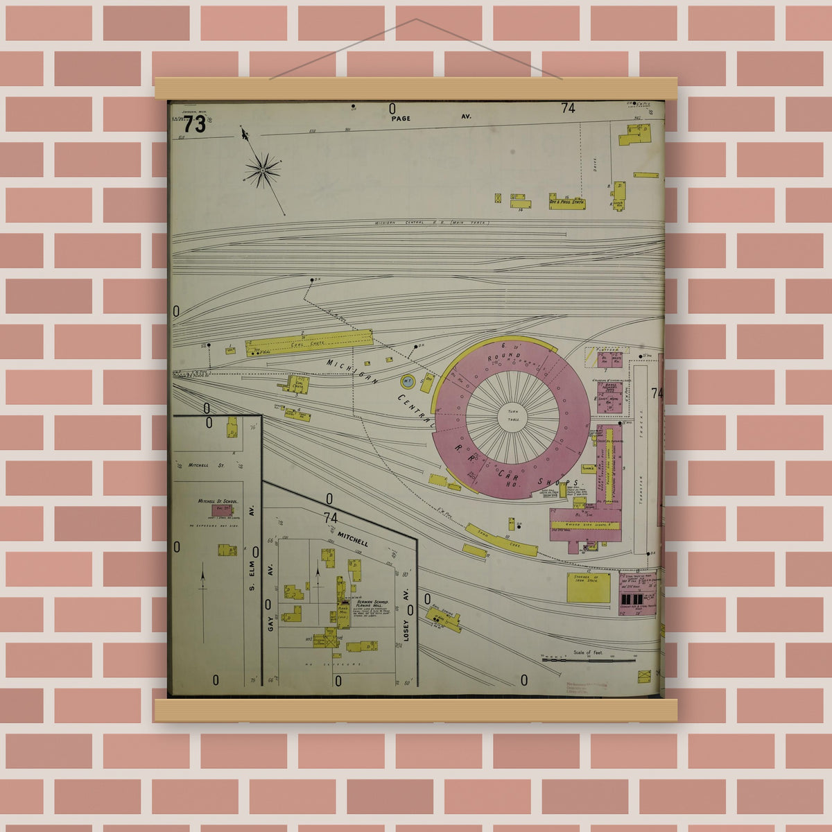 Old map wall art mockup — magnetic wood frame on brick wall — Sanborn Fire Insurance Map from Jackson, Jackson County, Michigan (1907), Sheet #0073