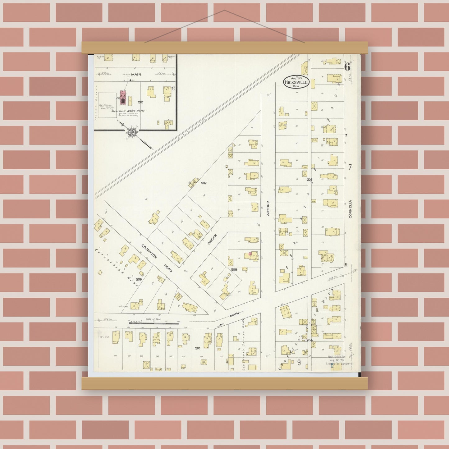 Old map wall art mockup — magnetic wood frame on brick wall — Sanborn Fire Insurance Map from Hicksville, Defiance County, Ohio (1913), Sheet #0006