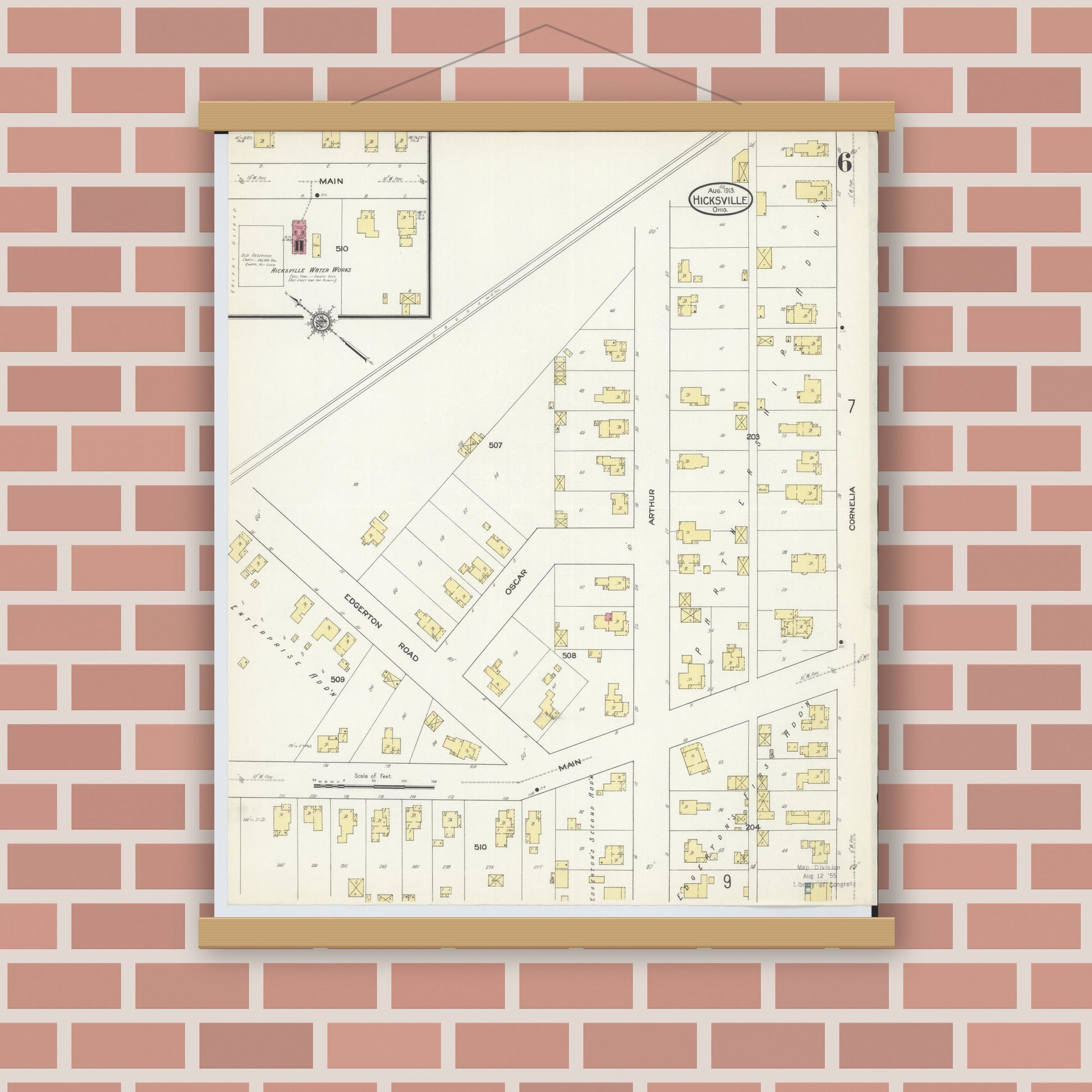 Old map wall art mockup — magnetic wood frame on brick wall — Sanborn Fire Insurance Map from Hicksville, Defiance County, Ohio (1913), Sheet #0006