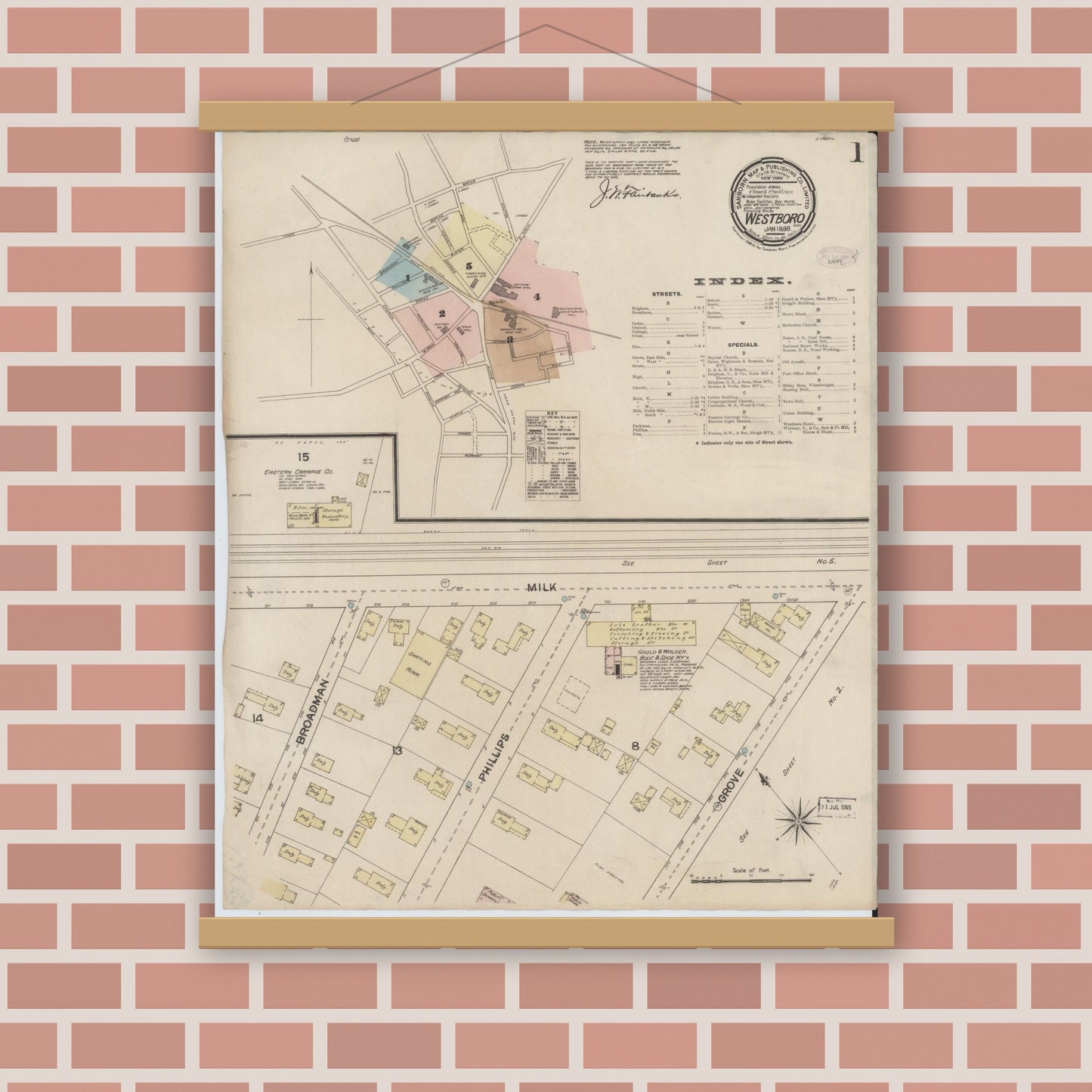 Old map wall art mockup — magnetic wood frame on brick wall — Sanborn Fire Insurance Map from Westboro, Worcester County, Massachusetts (1888) - Complete Map Set