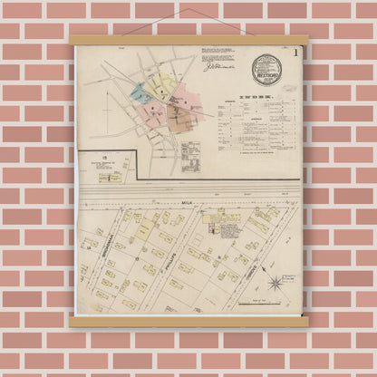 Old map wall art mockup — magnetic wood frame on brick wall — Sanborn Fire Insurance Map from Westboro, Worcester County, Massachusetts (1888) - Complete Map Set