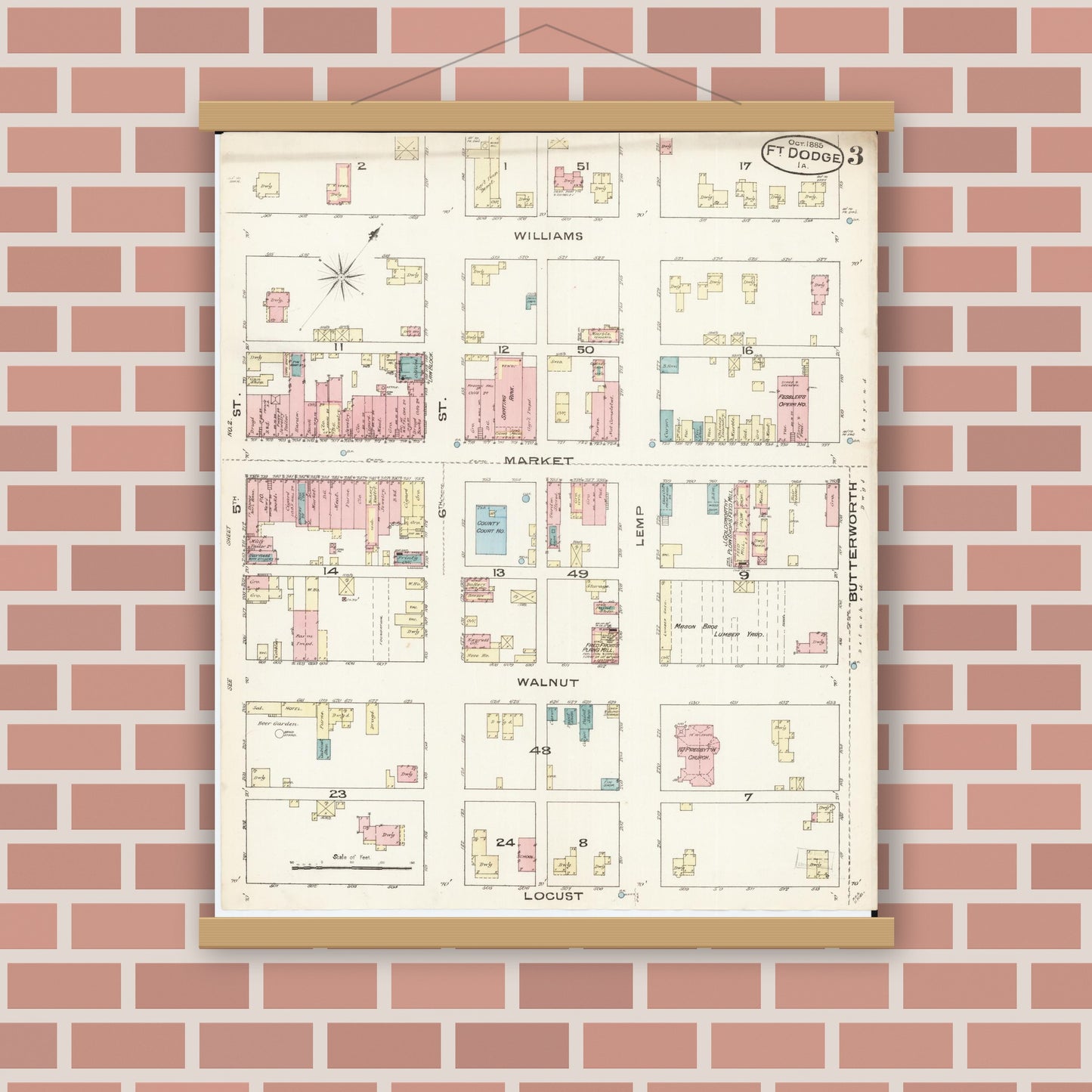 Old map wall art mockup — magnetic wood frame on brick wall — Sanborn Fire Insurance Map from Fort Dodge, Webster County, Iowa (1885), Sheet #0003