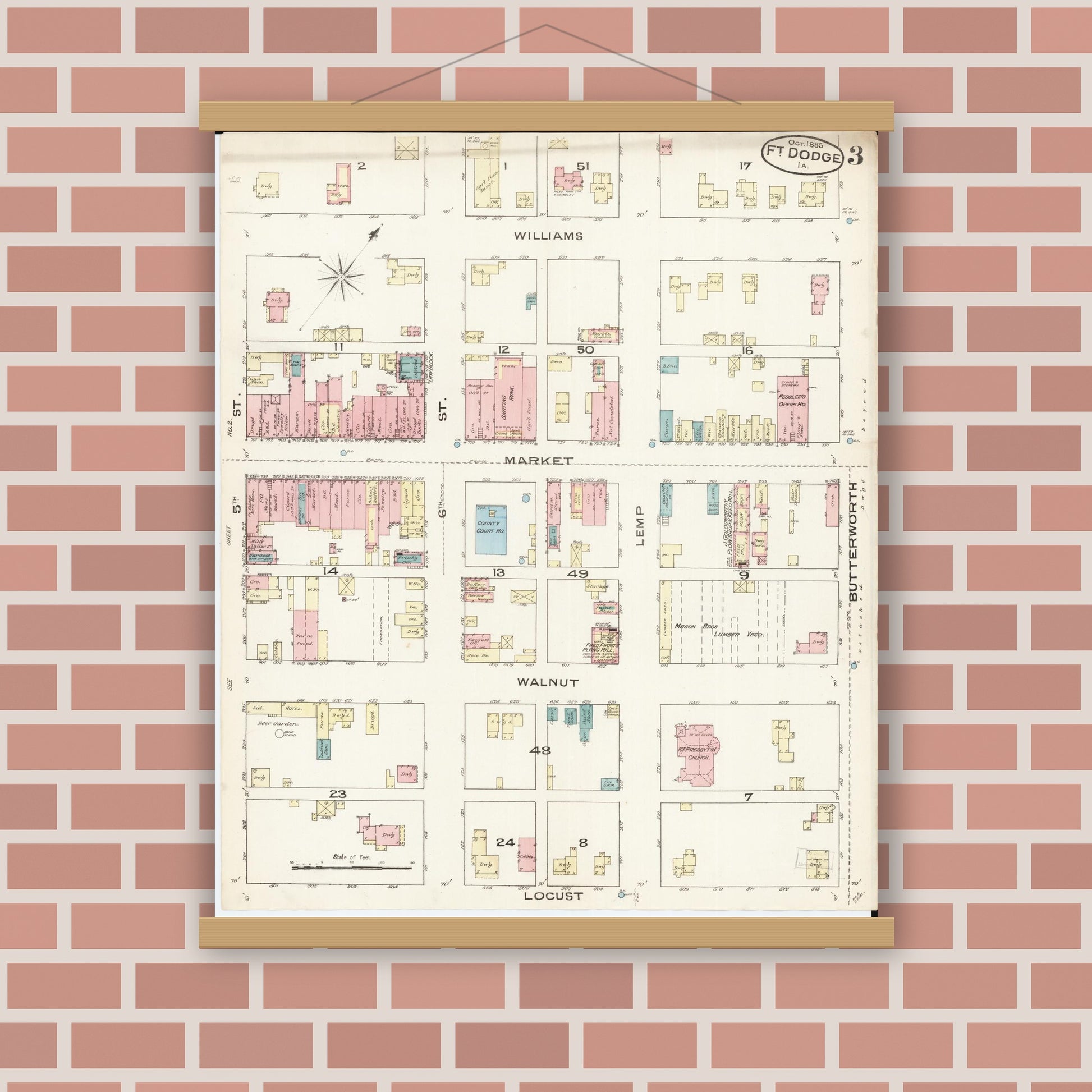 Old map wall art mockup — magnetic wood frame on brick wall — Sanborn Fire Insurance Map from Fort Dodge, Webster County, Iowa (1885), Sheet #0003