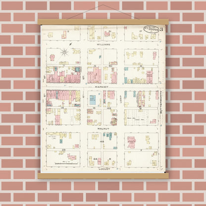 Old map wall art mockup — magnetic wood frame on brick wall — Sanborn Fire Insurance Map from Fort Dodge, Webster County, Iowa (1885), Sheet #0003