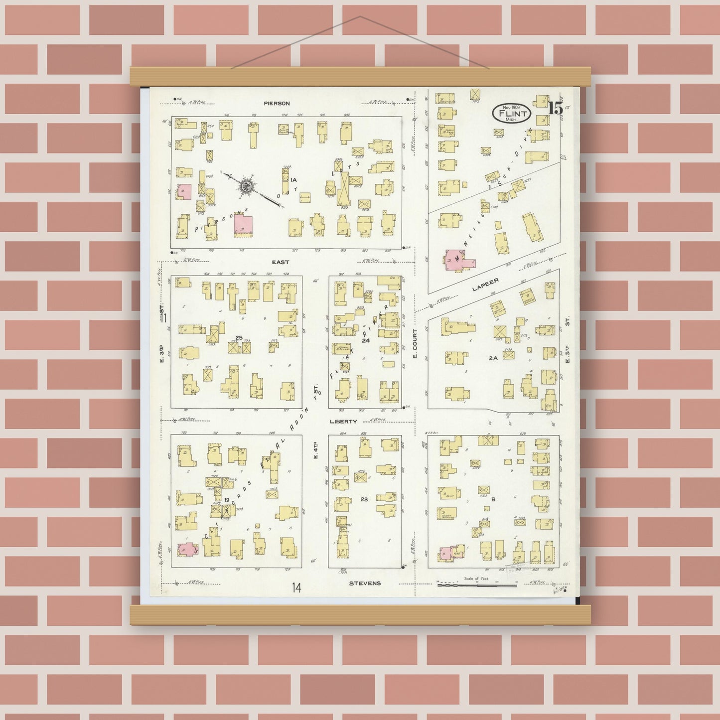 Old map wall art mockup — magnetic wood frame on brick wall — Sanborn Fire Insurance Map from Flint, Genesee County, Michigan (1909), Sheet #0015