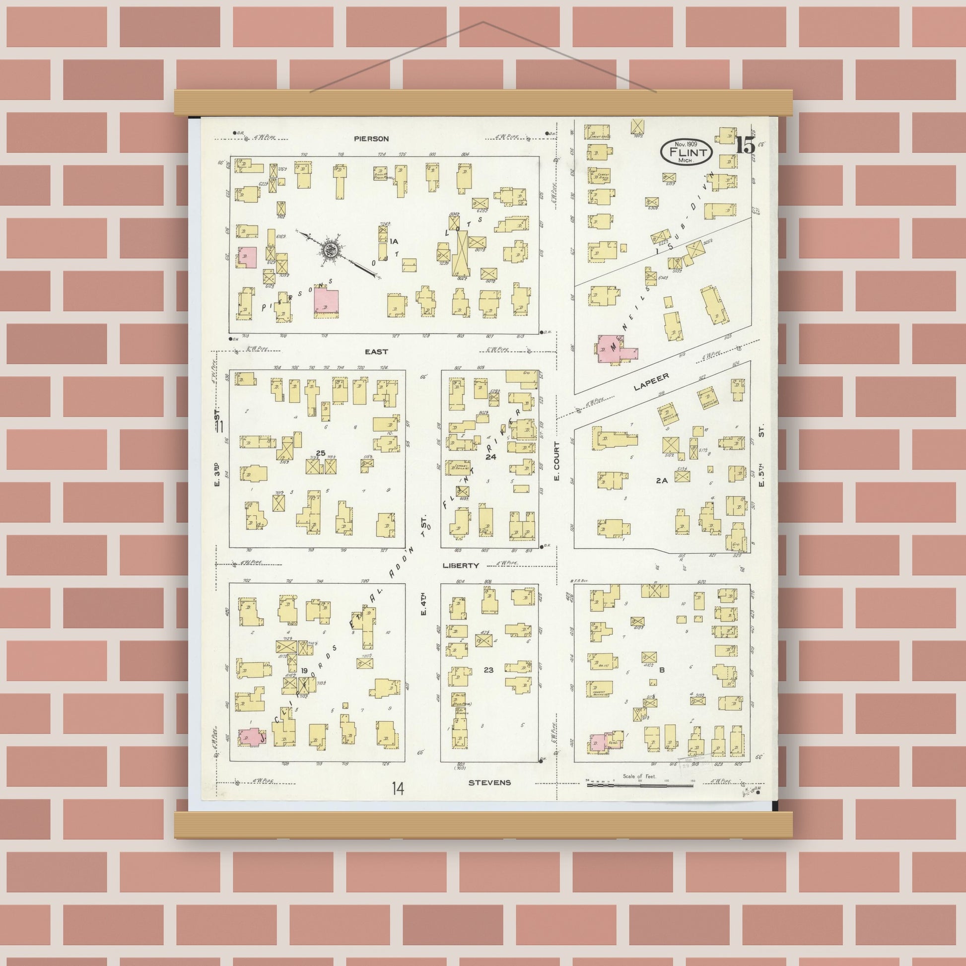 Old map wall art mockup — magnetic wood frame on brick wall — Sanborn Fire Insurance Map from Flint, Genesee County, Michigan (1909), Sheet #0015