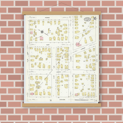 Old map wall art mockup — magnetic wood frame on brick wall — Sanborn Fire Insurance Map from Flint, Genesee County, Michigan (1909), Sheet #0015