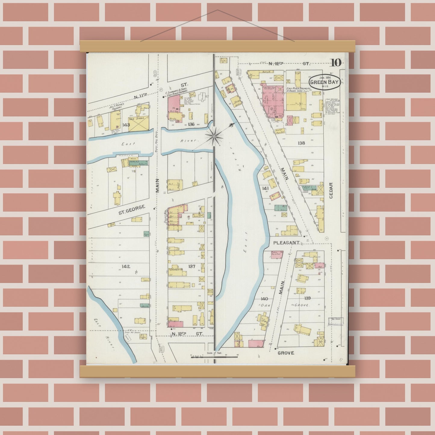 Old map wall art mockup — magnetic wood frame on brick wall — Sanborn Fire Insurance Map from Green Bay, Brown County, Wisconsin (1894), Sheet #0010