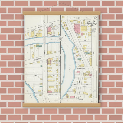 Old map wall art mockup — magnetic wood frame on brick wall — Sanborn Fire Insurance Map from Green Bay, Brown County, Wisconsin (1894), Sheet #0010