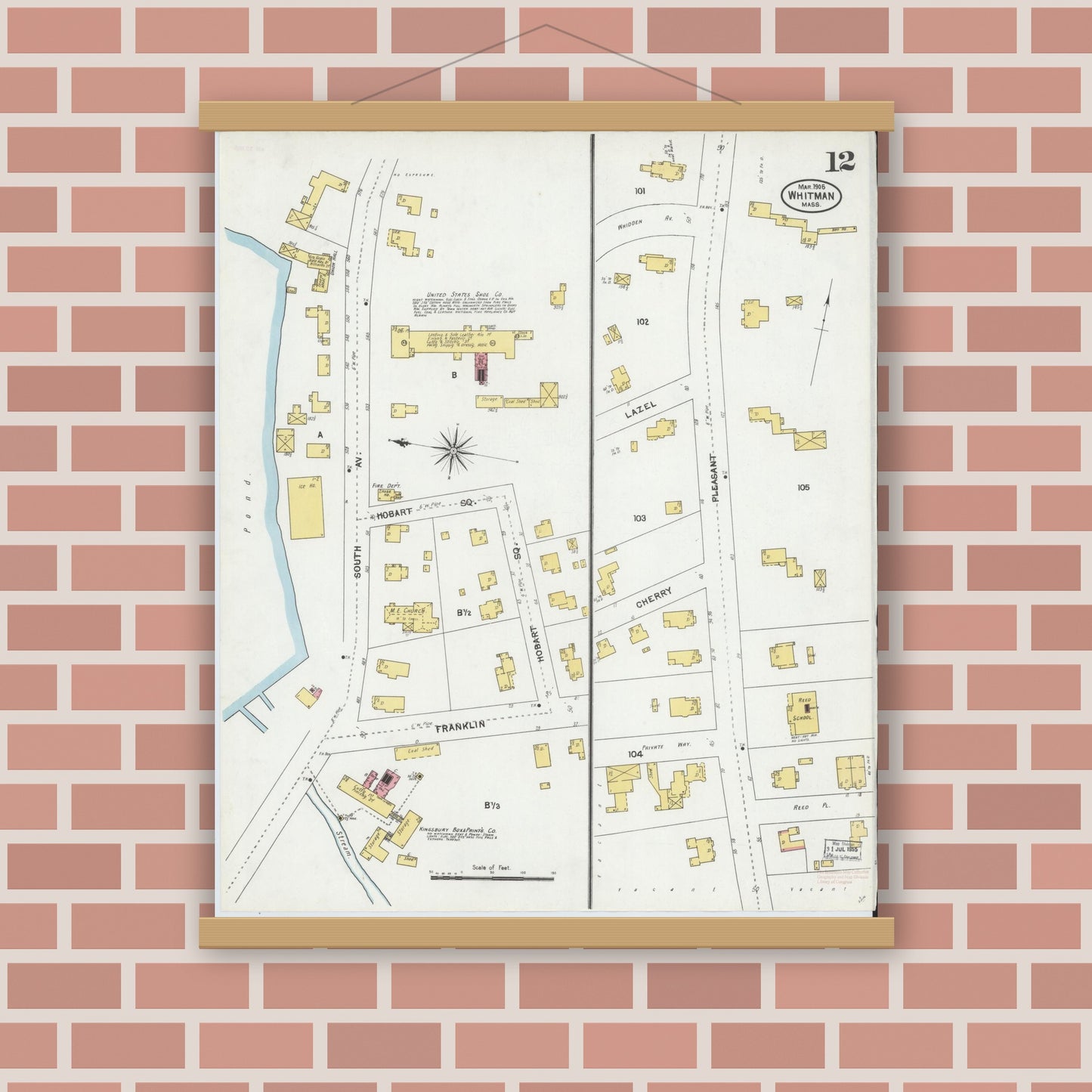 Old map wall art mockup — magnetic wood frame on brick wall — Sanborn Fire Insurance Map from Whitman, Plymouth County, Massachusetts (1905), Sheet #0012