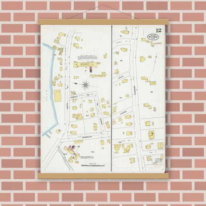 Old map wall art mockup — magnetic wood frame on brick wall — Sanborn Fire Insurance Map from Whitman, Plymouth County, Massachusetts (1905), Sheet #0012