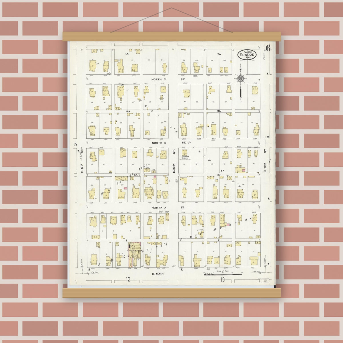 Old map wall art mockup — magnetic wood frame on brick wall — Sanborn Fire Insurance Map from Elwood, Madison County, Indiana (1910), Sheet #0006