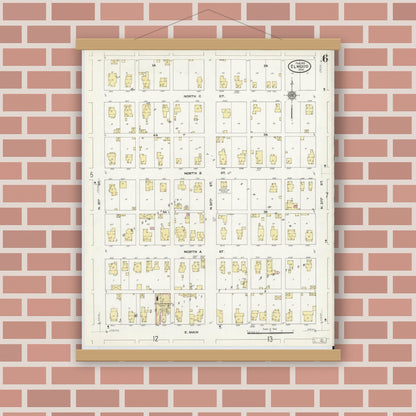 Old map wall art mockup — magnetic wood frame on brick wall — Sanborn Fire Insurance Map from Elwood, Madison County, Indiana (1910), Sheet #0006