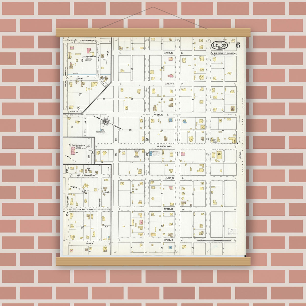 Old map wall art mockup — magnetic wood frame on brick wall — Sanborn Fire Insurance Map from Del Rio, Val Verde County, Texas (1917), Sheet #0006