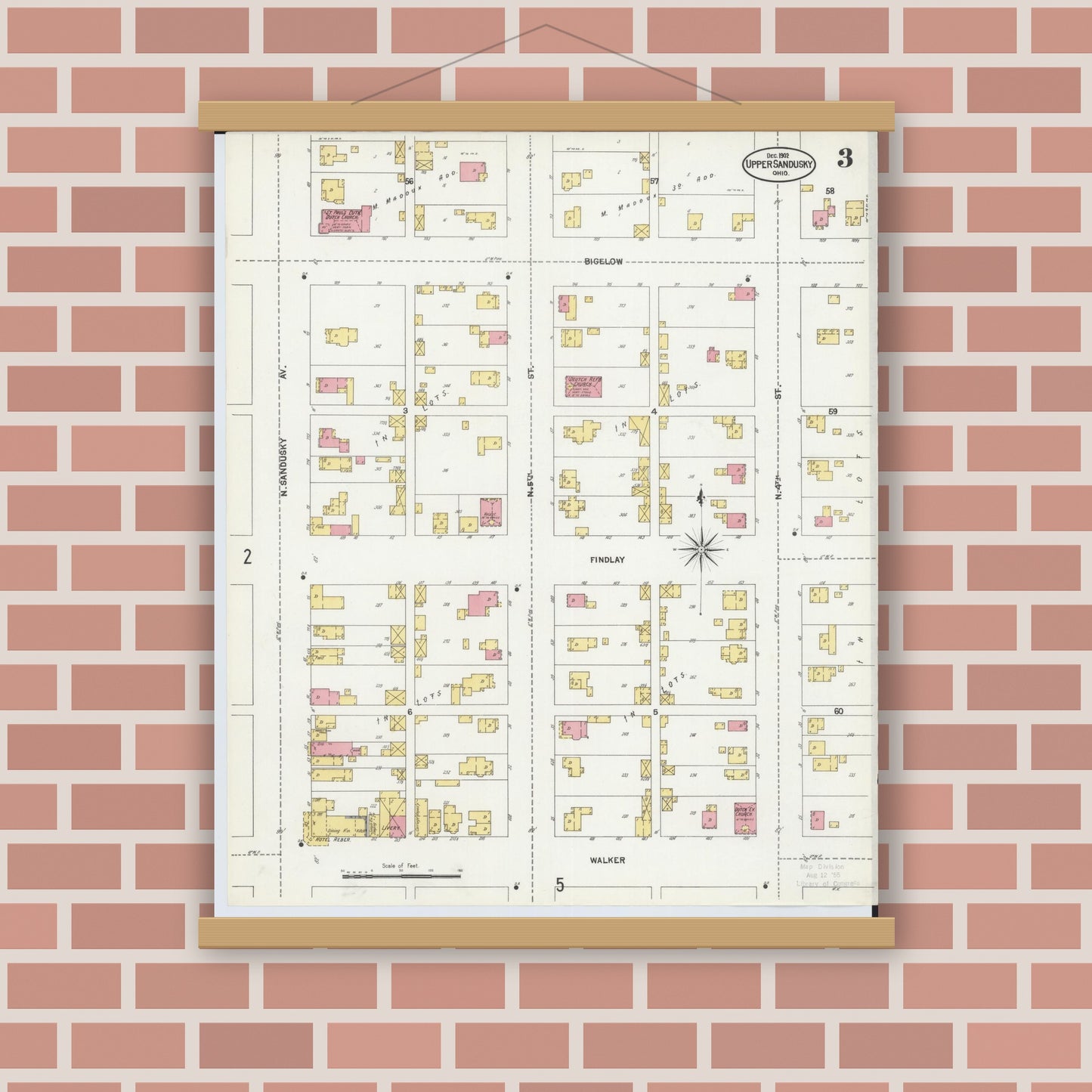 Old map wall art mockup — magnetic wood frame on brick wall — Sanborn Fire Insurance Map from Upper Sandusky, Wyandot County, Ohio (1902), Sheet #0003