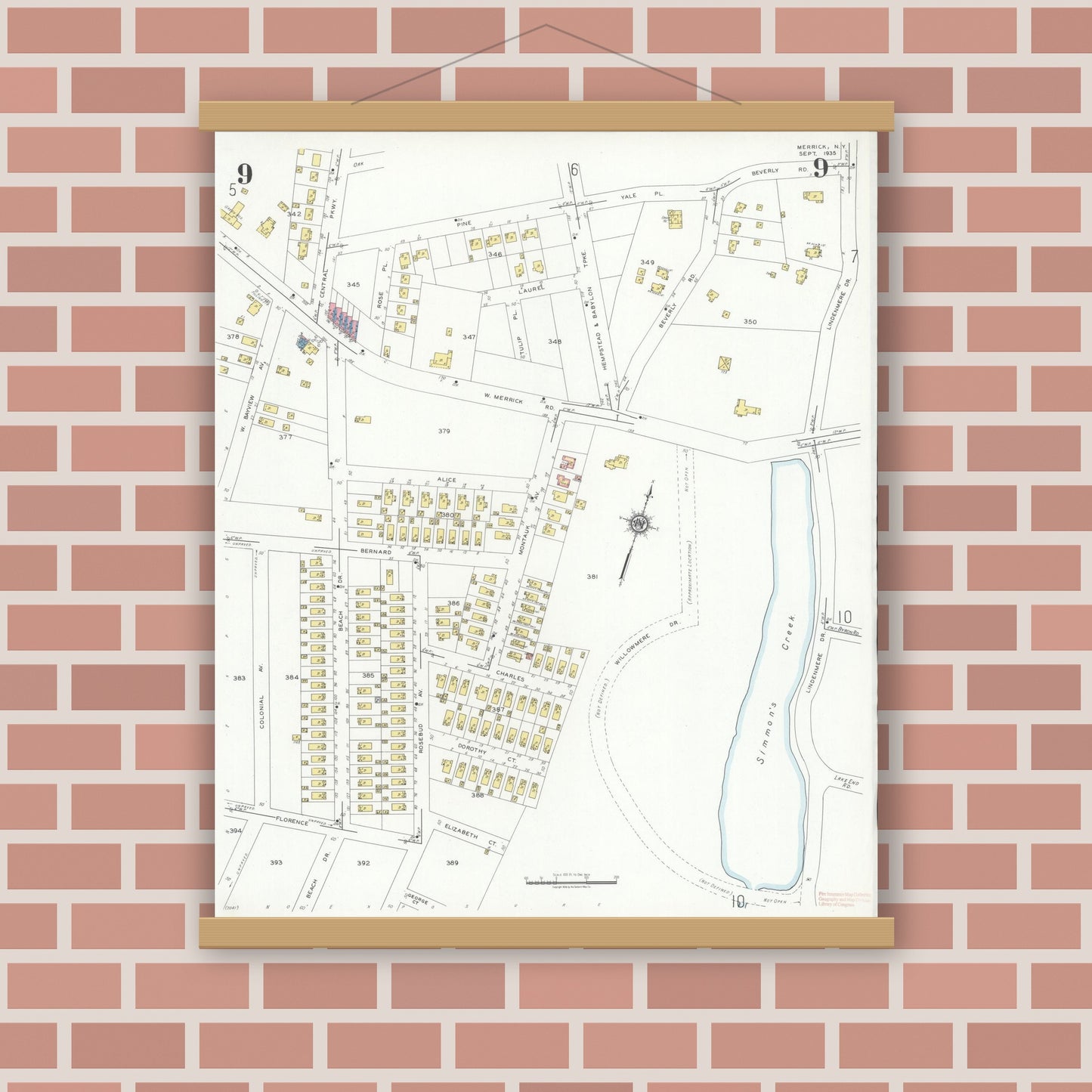 Old map wall art mockup — magnetic wood frame on brick wall — Sanborn Fire Insurance Map from Merrick, Nassau County, New York (1935), Sheet #0009