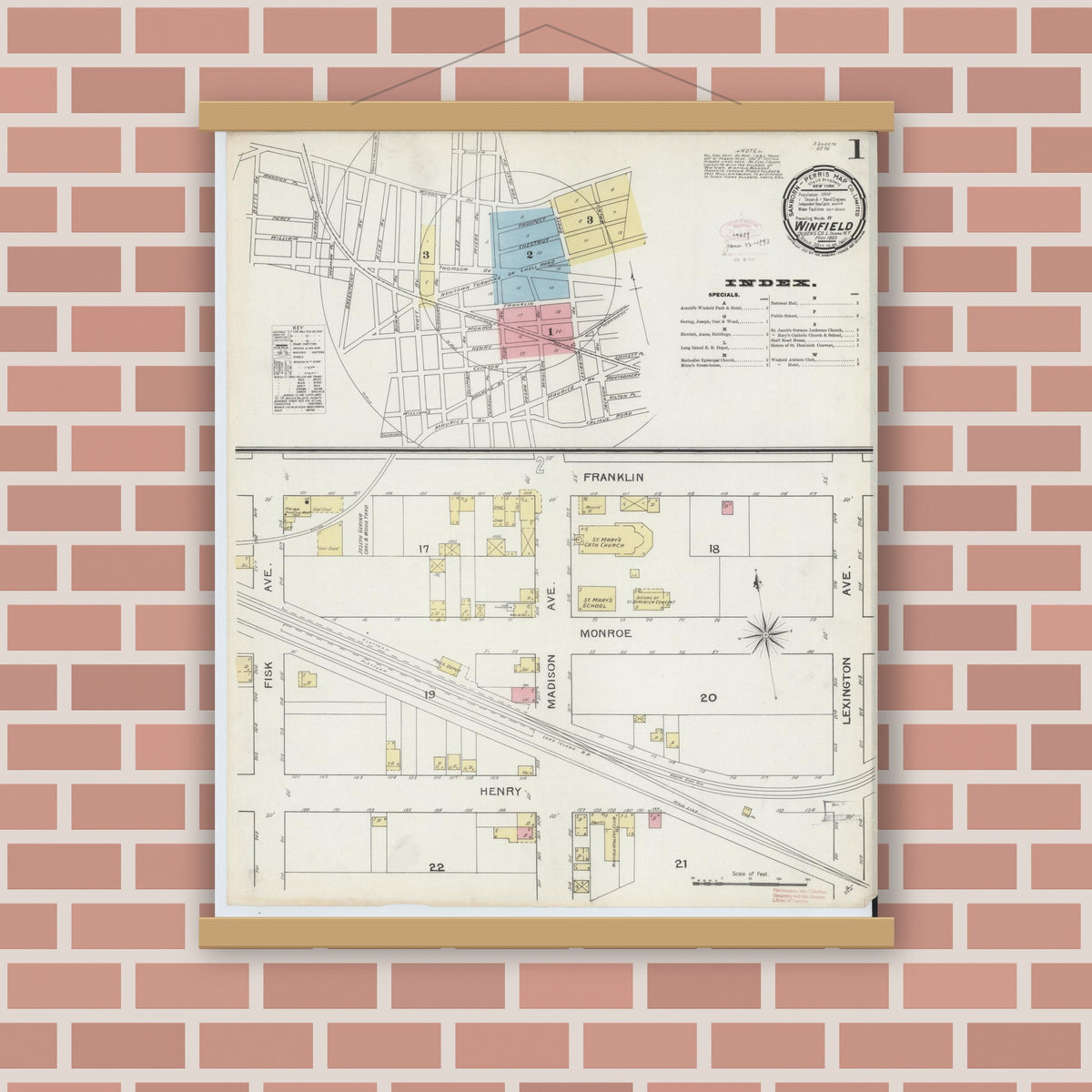 Old map wall art mockup — magnetic wood frame on brick wall — Sanborn Fire Insurance Map from Winfield, Queens County, New York (1893) - Complete Map Set