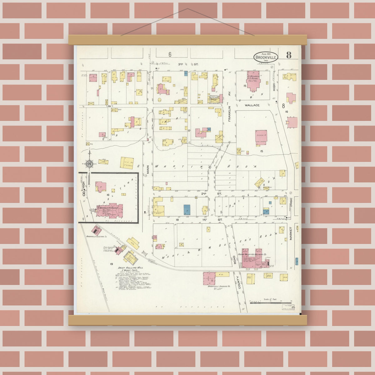 Old map wall art mockup — magnetic wood frame on brick wall — Sanborn Fire Insurance Map from Brookville, Franklin County, Indiana (1913), Sheet #0008