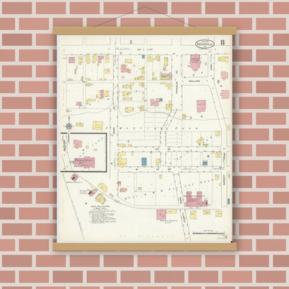 Old map wall art mockup — magnetic wood frame on brick wall — Sanborn Fire Insurance Map from Brookville, Franklin County, Indiana (1913), Sheet #0008