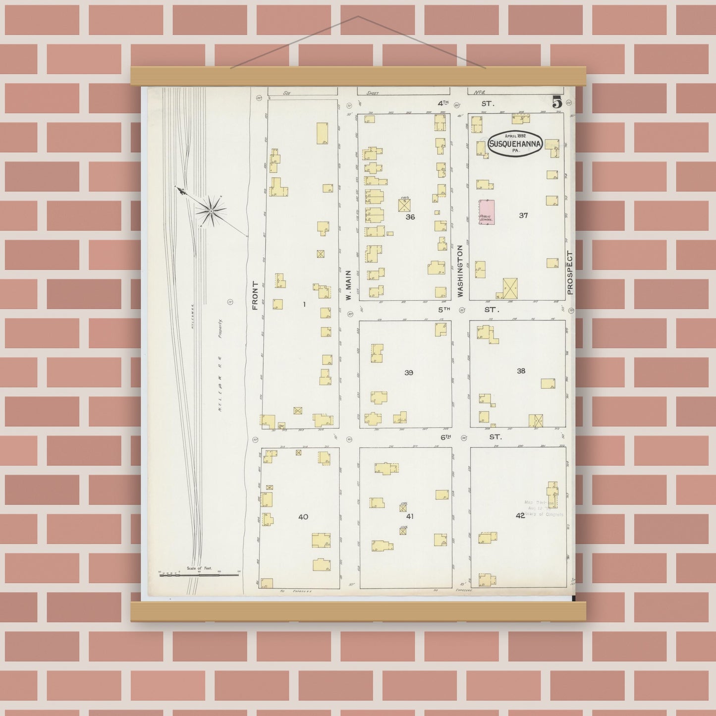 Old map wall art mockup — magnetic wood frame on brick wall — Sanborn Fire Insurance Map from Susquehanna, Susquehanna County, Pennsylvania (1892), Sheet #0005