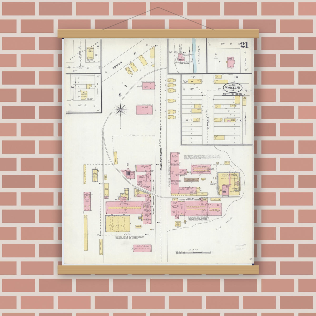 Old map wall art mockup — magnetic wood frame on brick wall — Sanborn Fire Insurance Map from Waukegan, Lake County, Illinois (1906), Sheet #0021