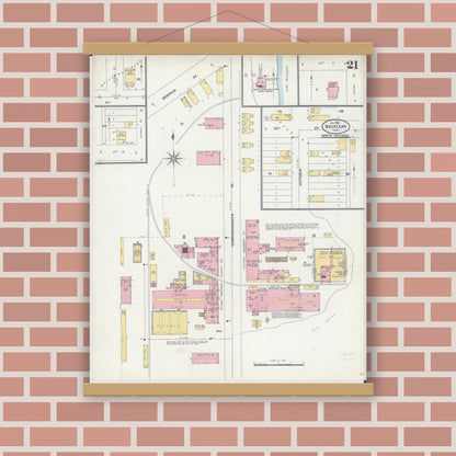 Old map wall art mockup — magnetic wood frame on brick wall — Sanborn Fire Insurance Map from Waukegan, Lake County, Illinois (1906), Sheet #0021