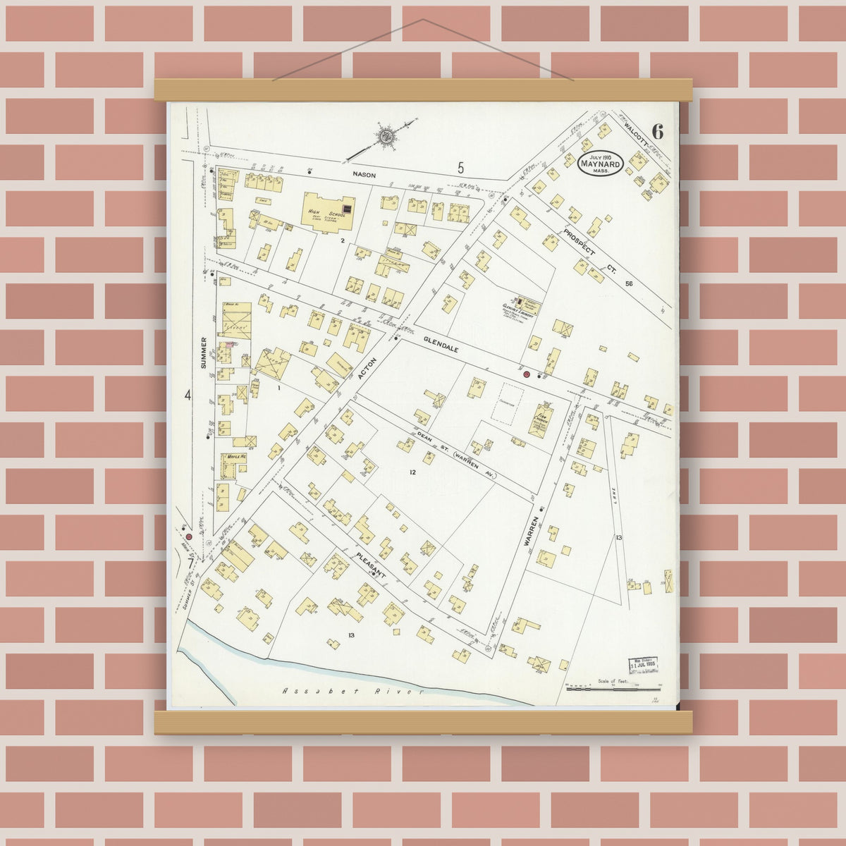Old map wall art mockup — magnetic wood frame on brick wall — Sanborn Fire Insurance Map from Maynard, Middlesex County, Massachusetts (1910), Sheet #0006