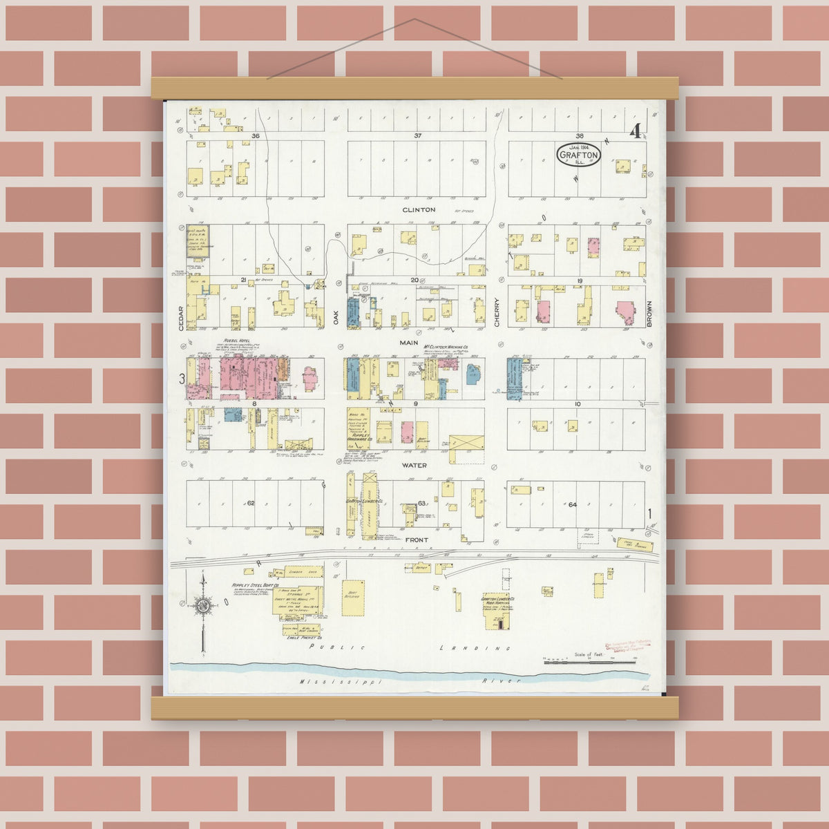 Old map wall art mockup — magnetic wood frame on brick wall — Sanborn Fire Insurance Map from Grafton, Jersey County, Illinois (1914), Sheet #0004