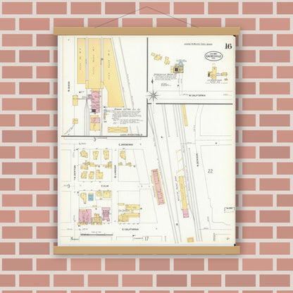 Old map wall art mockup — magnetic wood frame on brick wall — Sanborn Fire Insurance Map from Gainesville, Cooke County, Texas (1908), Sheet #0016