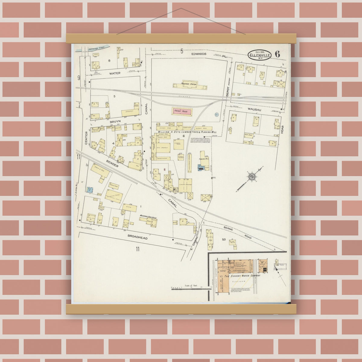 Old map wall art mockup — magnetic wood frame on brick wall — Sanborn Fire Insurance Map from Ellenville, Ulster County, New York (1914), Sheet #0006