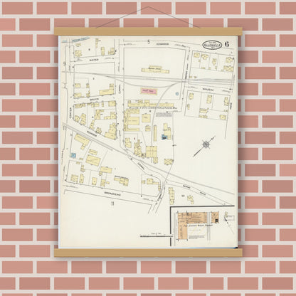 Old map wall art mockup — magnetic wood frame on brick wall — Sanborn Fire Insurance Map from Ellenville, Ulster County, New York (1914), Sheet #0006