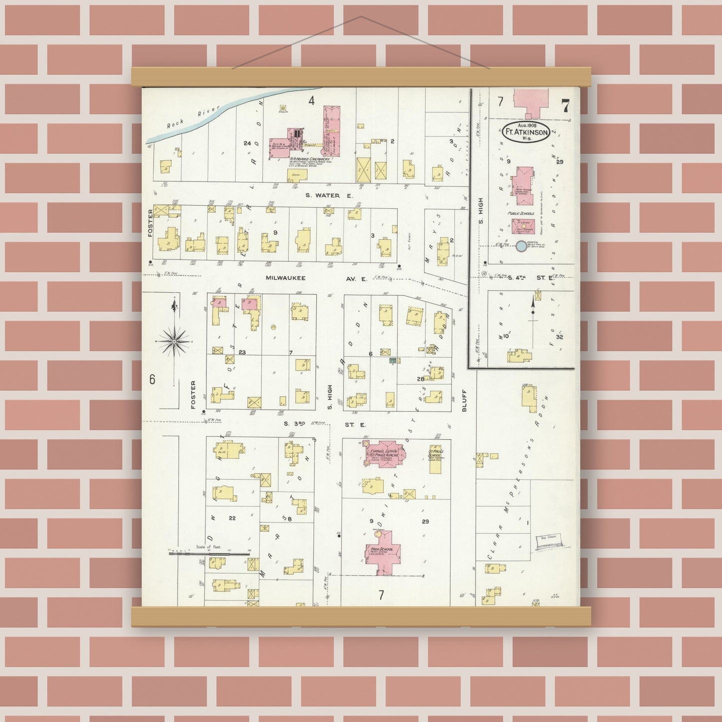 Old map wall art mockup — magnetic wood frame on brick wall — Sanborn Fire Insurance Map from Fort Atkinson, Jefferson County, Wisconsin (1909), Sheet #0007
