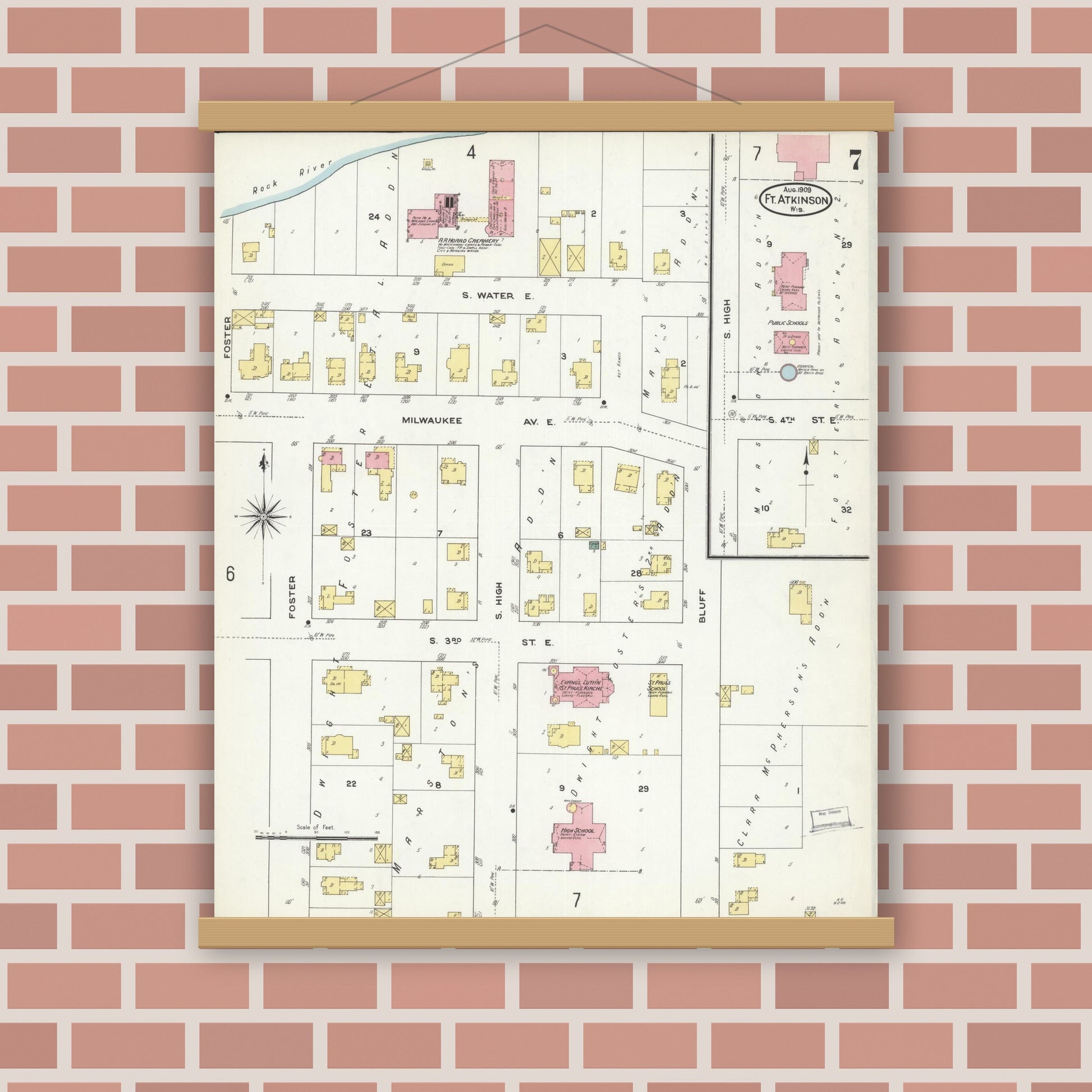Old map wall art mockup — magnetic wood frame on brick wall — Sanborn Fire Insurance Map from Fort Atkinson, Jefferson County, Wisconsin (1909), Sheet #0007