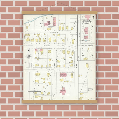 Old map wall art mockup — magnetic wood frame on brick wall — Sanborn Fire Insurance Map from Fort Atkinson, Jefferson County, Wisconsin (1909), Sheet #0007