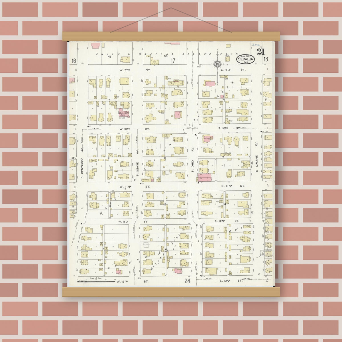 Old map wall art mockup — magnetic wood frame on brick wall — Sanborn Fire Insurance Map from Sedalia, Pettis County, Missouri (1914), Sheet #0021
