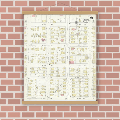 Old map wall art mockup — magnetic wood frame on brick wall — Sanborn Fire Insurance Map from Sedalia, Pettis County, Missouri (1914), Sheet #0021