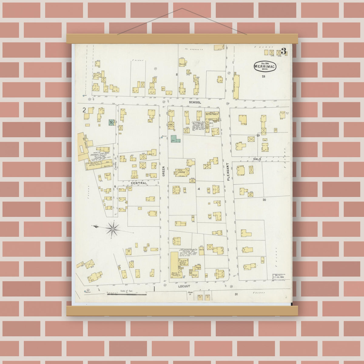 Old map wall art mockup — magnetic wood frame on brick wall — Sanborn Fire Insurance Map from Merrimac, Essex County, Massachusetts (1896), Sheet #0003